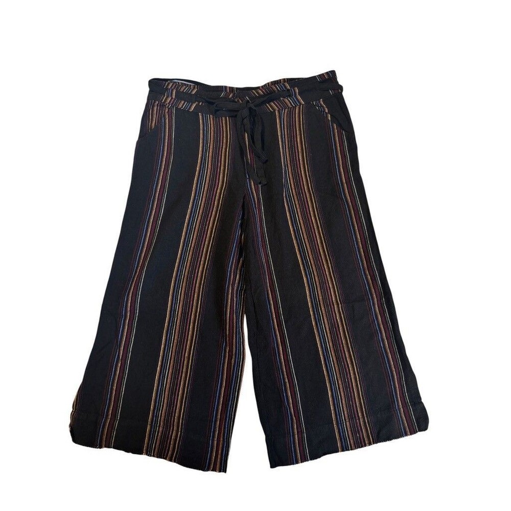 Democracy Sz 12 Linen Blend Wide Leg Pants Black Multi Stripe Boho Beachy Pocket